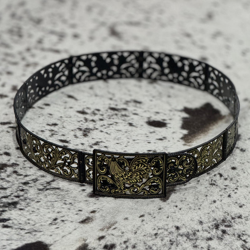 FAJO ALPACA BAÑO DE ORO 14K GALLOS ACABADO PAVONADO